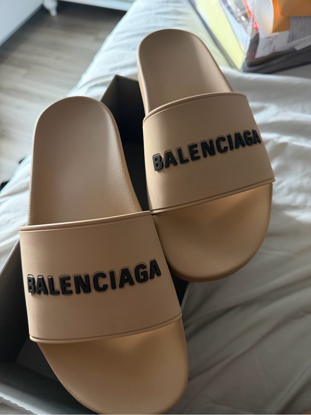 Balenciaga Tan Logo Slide Sandals